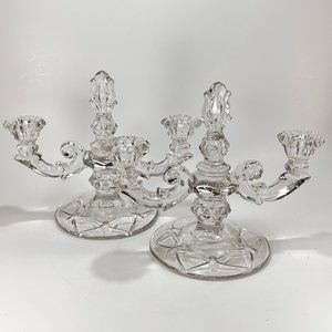 Vtg Duncan Miller Sheffield Candlestick Holder Double Clear Glass USA Lot of 2